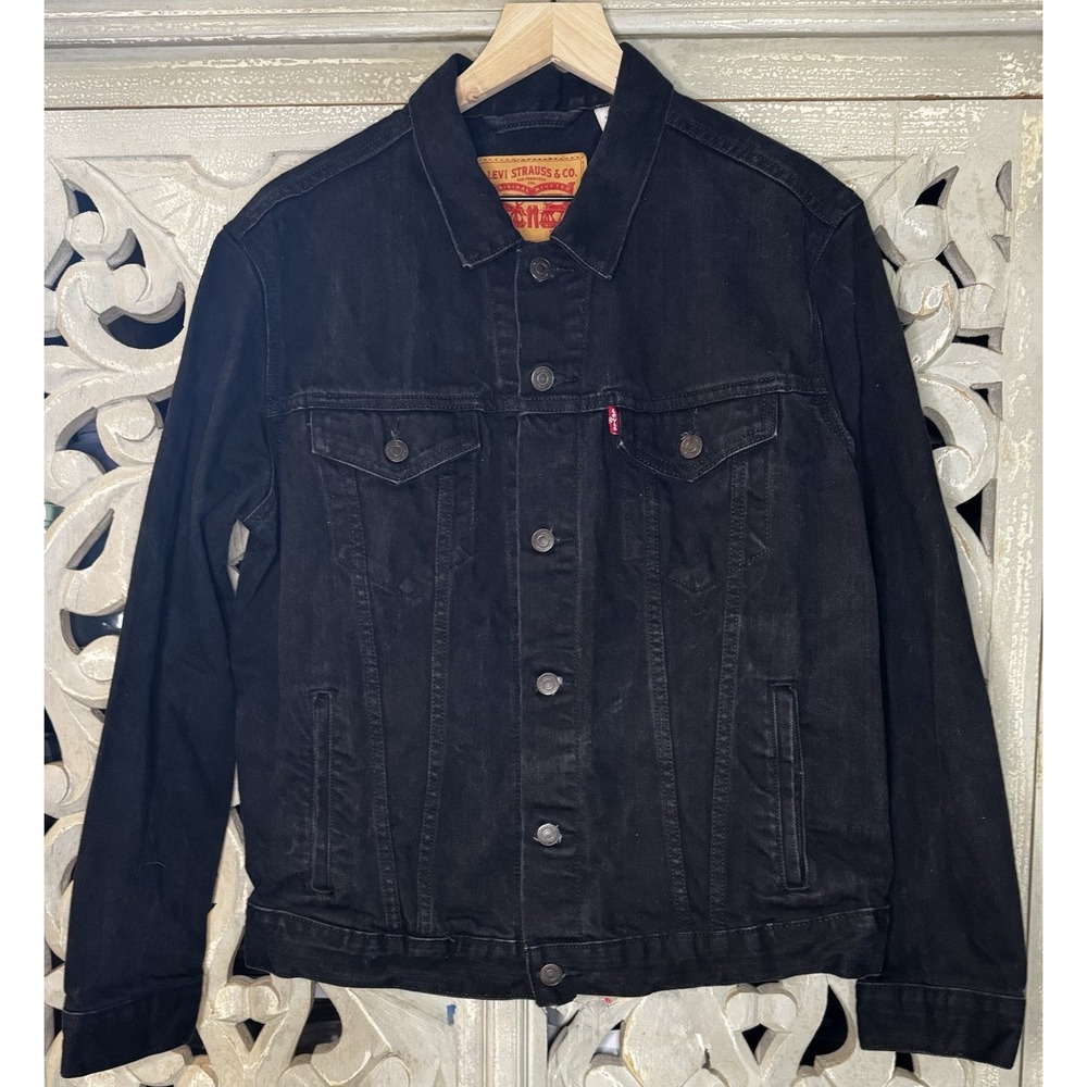 Levi's Men's Large Black Denim Trucker Jacket Stretch Button Front Red Tab